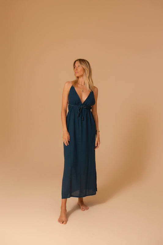 TULUM DRESS INDIGO — Robe longue dos nu