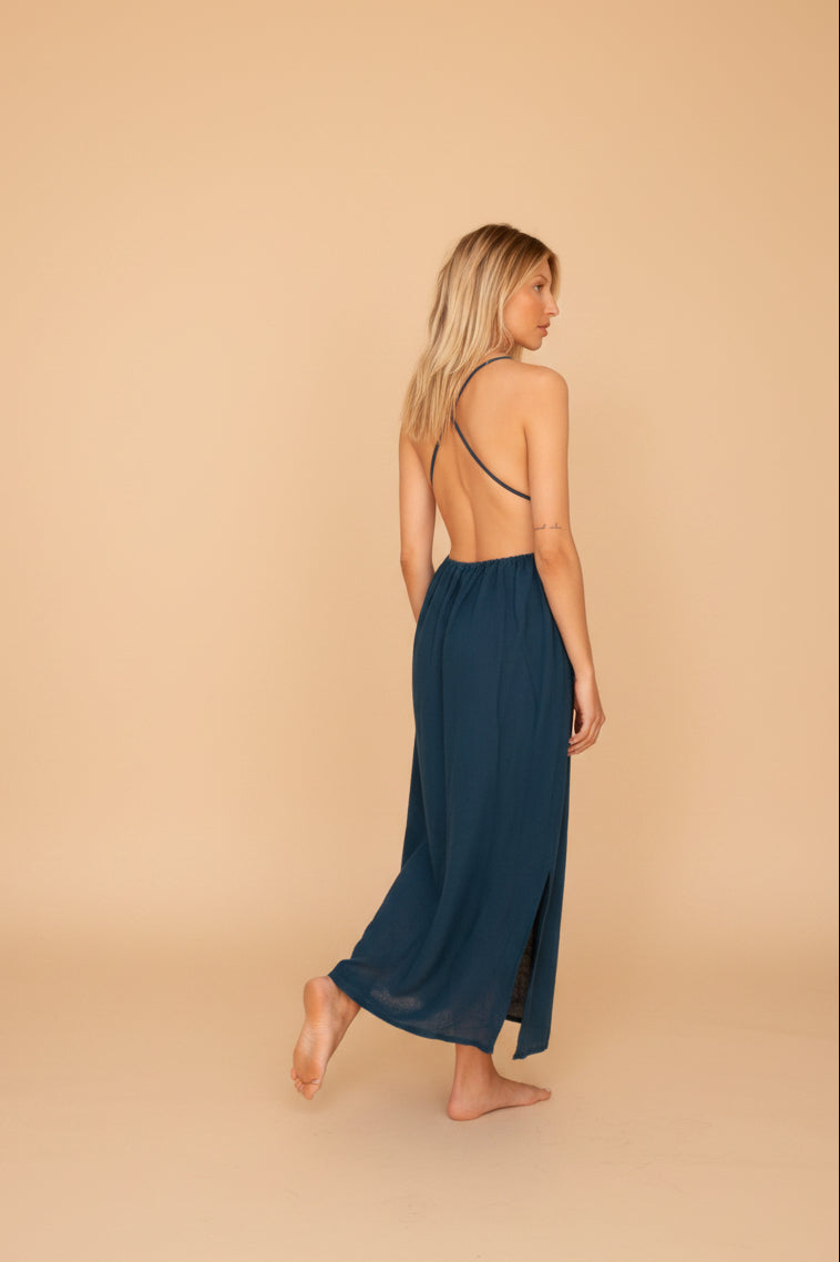 TULUM DRESS INDIGO — Robe longue dos nu