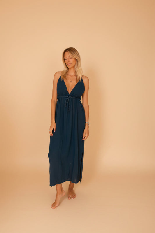 TULUM DRESS INDIGO — Robe longue dos nu